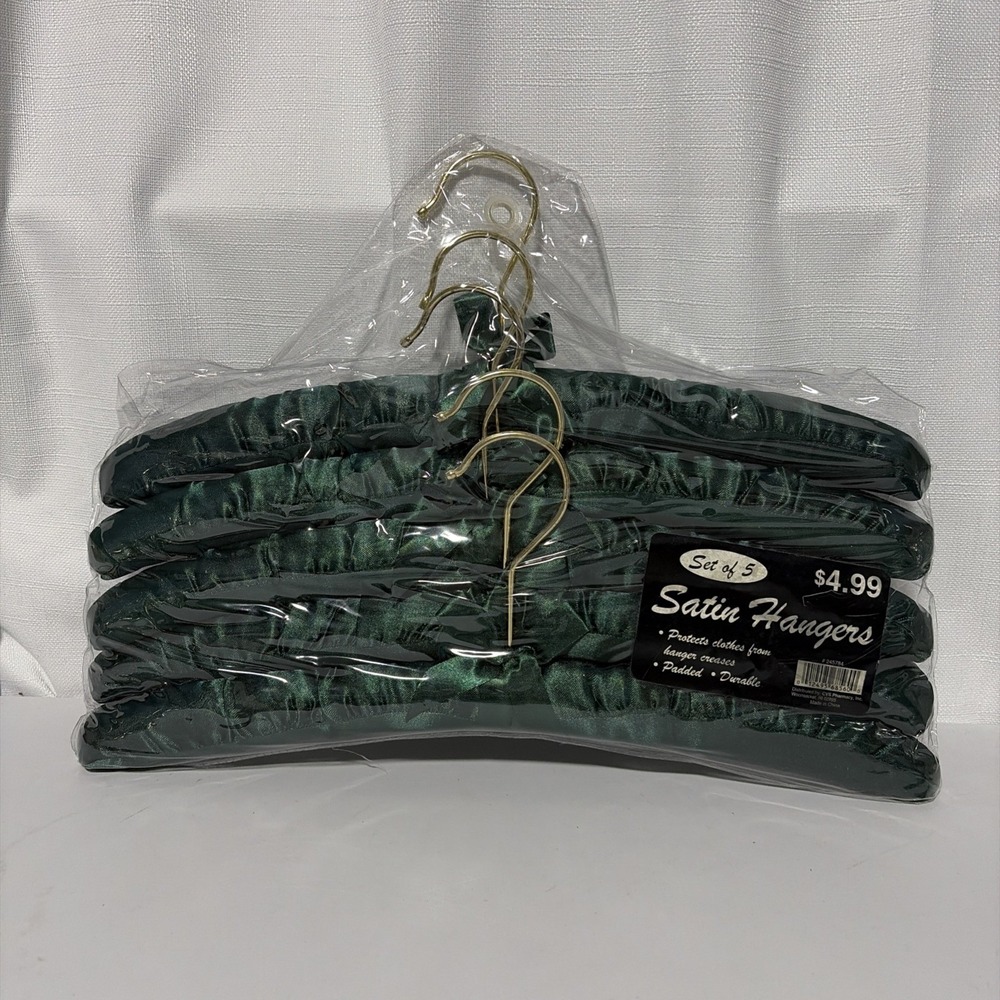 Vintage Emerald Green Satin Padded Hangers Set of 5 Gold Hooks Bow 1980s